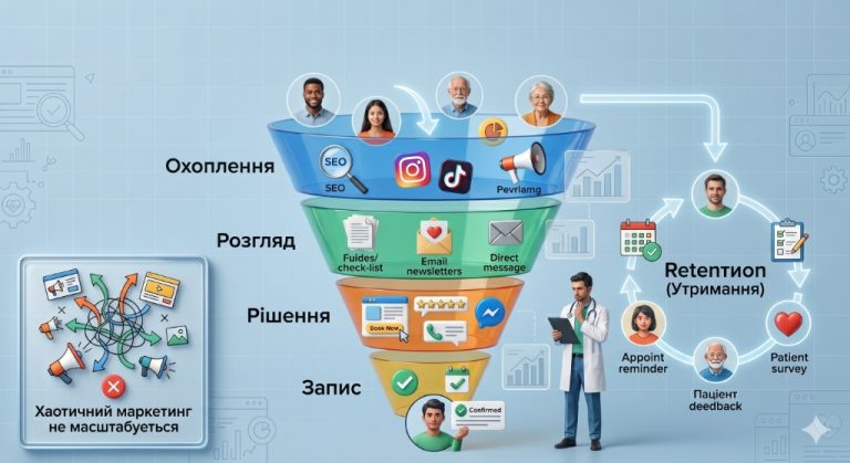 Воронка лідогенерації для медичного бізнесу: від охоплення до запису.
